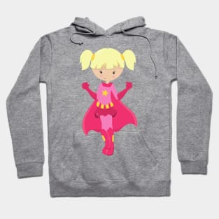 Superhero Girl, Blonde Hair, Pink Cape, Cute Girl Hoodie